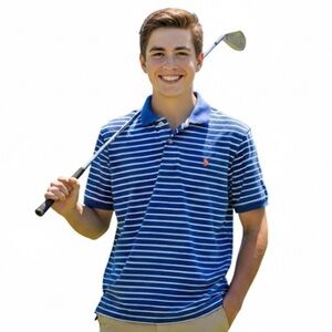 Polo Ralph Lauren Royal Blue White Horizontal Stripes Collared Golf Shirt 14/16